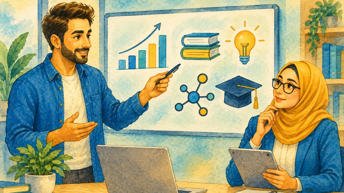 مستشار تربوي يشرح أمام لوحة تعرض رسماً بيانياً وكتباً وقبعة تخرّج، وزميلته تتابع على جهاز لوحي — إشارة إلى الاستشارات التعليمية.