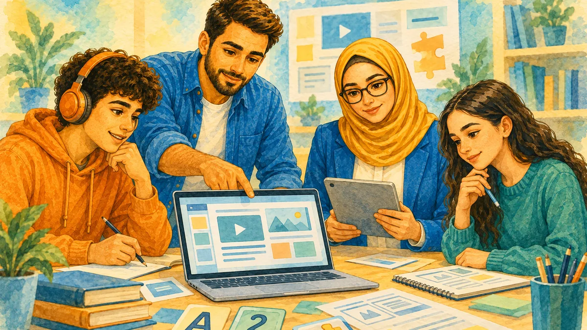 فريق تربوي يصمّم درساً تفاعلياً على حاسوب محمول، وحولهم بطاقات حروف وأرقام وقطع أحجية — إشارة إلى التصميم التعليمي.